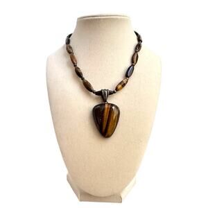 Vintage Sterling Silver 925 Tiger’s Eye Pendant Necklace Beaded Toggle Clasp 16”